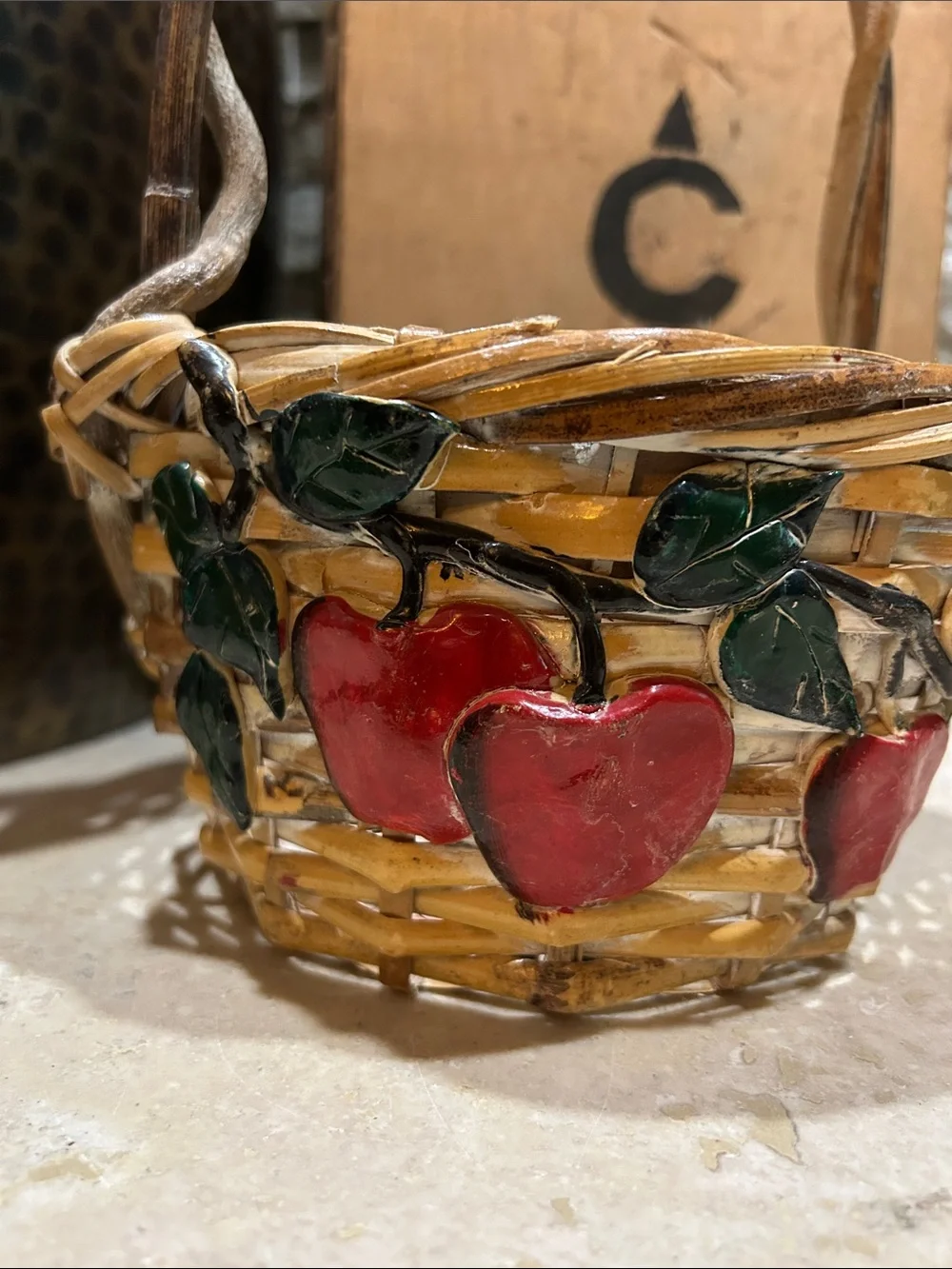 vintage handwoven wicker basket w/ rustic tree limb branch handle & 3D Apples